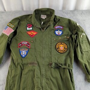Vintage 80s Chemin De Fer Jumpsuit Medium Green Military Patches Flight Korea